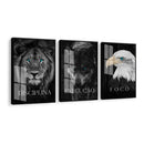 Kit 3 Quadros Decorativos Leão Animais Motivacional Moderno Para Sala Quarto Com Moldura e Vidro - Bellgari